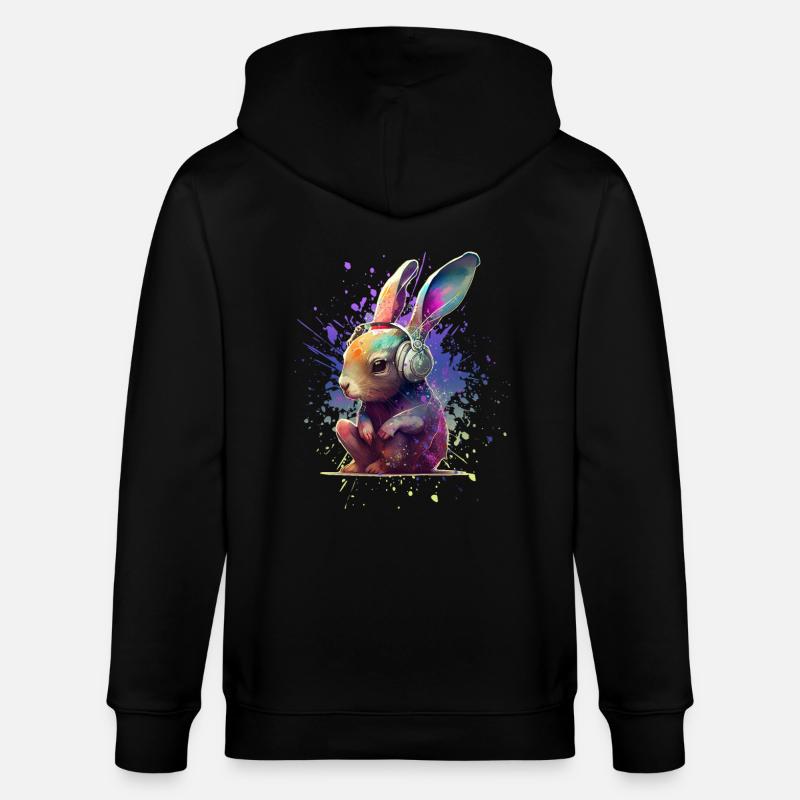 Bunter Hase mit Kopfhörern - Stanley/Stella Unisex Bio-Kapuzenjacke CULTIVATOR  - Schwarz
