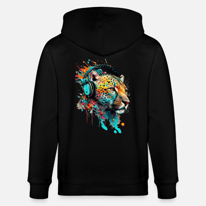 Leopard mit Kopfhörern DJ - Stanley/Stella Unisex Bio-Kapuzenjacke CULTIVATOR  - Schwarz