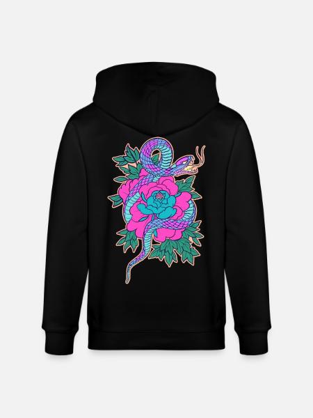 Purple, Blue, Teal Snake and Pink Peony - Stanley/Stella CULTIVATOR  Unisex Organic Hooded Jacket - black