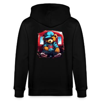 Streetwear-Teddybär vor Zug - Stanley/Stella Unisex Bio-Kapuzenjacke CULTIVATOR  - Schwarz - Hinten - Anna (173cm)