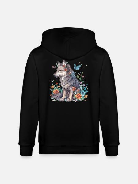 Wolf mit Blumen und Schmetterlingen - Stanley/Stella Unisex Bio-Kapuzenjacke CULTIVATOR - Schwarz