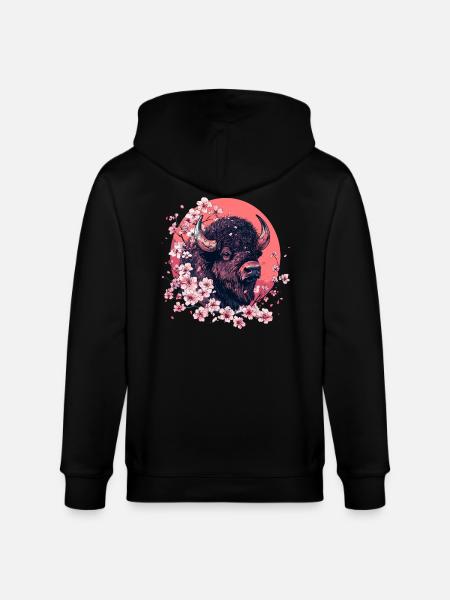 Bison with cherry blossoms - Stanley/Stella CULTIVATOR  Unisex Organic Hooded Jacket - black
