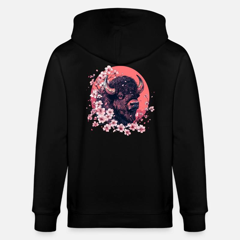 Bison mit Kirschblüten - Stanley/Stella Unisex Bio-Kapuzenjacke CULTIVATOR  - Schwarz