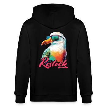 Rostock Urlaub coole bunte Möwe mit Sonnenbrille - Stanley/Stella Unisex Bio-Kapuzenjacke CULTIVATOR  - Schwarz - Hinten - Anna (173cm)