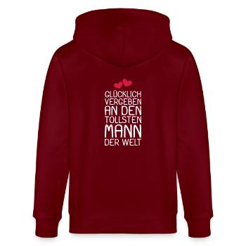Glücklich vergeben - Stanley/Stella Unisex Bio-Kapuzenjacke CULTIVATOR  - Burgunderrot - Hinten - Anna (173cm)
