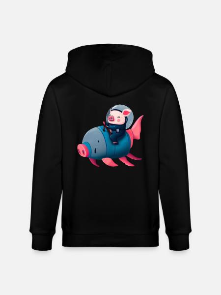 Pig Astronaut on Pig Rocket - Stanley/Stella CULTIVATOR  Unisex Organic Hooded Jacket - black