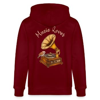 Vintage Gramophone Design – Music Lover Shirt - Stanley/Stella CULTIVATOR  Unisex Organic Hooded Jacket - burgundy - Back - Anna (173cm)