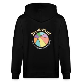 Bunter Basketball mit Schriftzug - Stanley/Stella Unisex Bio-Kapuzenjacke CULTIVATOR  - Schwarz - Hinten - Anna (173cm)