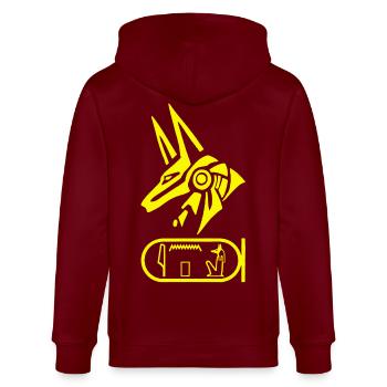 Ägyptischer Gott Anubis (gelb) - Stanley/Stella Unisex Bio-Kapuzenjacke CULTIVATOR  - Burgunderrot - Hinten - Anna (173cm)