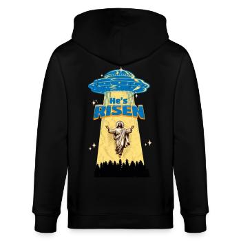 Lustiges Jesus Shirt - He is risen - Ufo Meme - Stanley/Stella Unisex Bio-Kapuzenjacke CULTIVATOR  - Schwarz - Hinten - Anna (173cm)