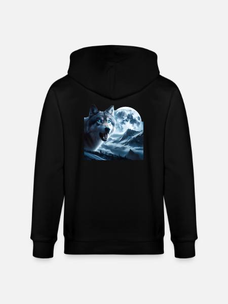 Lupo con gli occhi azzurri alla luna piena - Felpa con cappuccio ecologica unisex CULTIVATOR di Stanley/Stella - nero