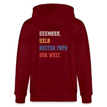 HUSBAND, HERO, BEST FATHER IN THE WORLD. - Stanley/Stella CULTIVATOR  Unisex Organic Hooded Jacket - burgundy - Back - Anna (173cm)