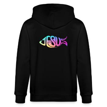 Jesus Fisch Regenbogen - Stanley/Stella Unisex Bio-Kapuzenjacke CULTIVATOR  - Schwarz - Hinten - Anna (173cm)