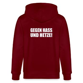 Gegen Hass und Hetze - Stanley/Stella Unisex Bio-Kapuzenjacke CULTIVATOR  - Burgunderrot - Hinten - Anna (173cm)