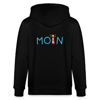Leuchtturm Moin hellblau - Stanley/Stella Unisex Bio-Kapuzenjacke CULTIVATOR  - Schwarz - Hinten - Anna (173cm)