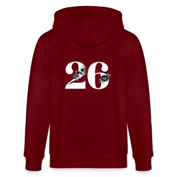 Nummer 26 Schwarze Blumen - 26. Blumenjubiläum - Stanley/Stella Unisex Bio-Kapuzenjacke CULTIVATOR  - Burgunderrot - Hinten - Anna (173cm)