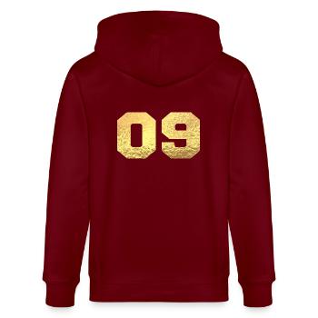 Numéro 9 paillettes doré - 9e anniversaire - Veste à capuche bio CULTIVATOR Stanley/Stella Unisexe - bordeaux - Dos - Anna (173cm)