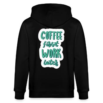 Coffee first Work later - Stanley/Stella Unisex Bio-Kapuzenjacke CULTIVATOR  - Schwarz - Hinten - Anna (173cm)