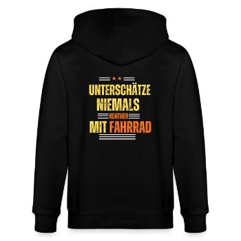Unterschätze niemals Rentner mit Fahrrad Spruch - Stanley/Stella Unisex Bio-Kapuzenjacke CULTIVATOR  - Schwarz - Hinten - Anna (173cm)