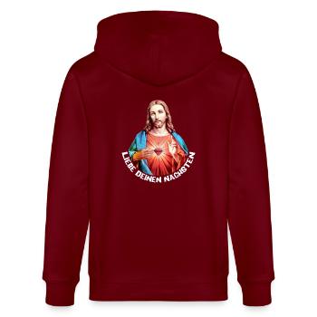 Aimez votre prochain | Mon Dieu - Veste à capuche bio CULTIVATOR Stanley/Stella Unisexe - bordeaux - Dos - Anna (173cm)