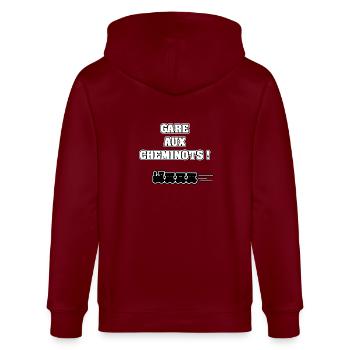 STATION IN THE CHEMINOTS! -WOOD OF WORDS - FRANCOIS VILLE - Stanley/Stella CULTIVATOR  Unisex Organic Hooded Jacket - burgundy - Back - Anna (173cm)