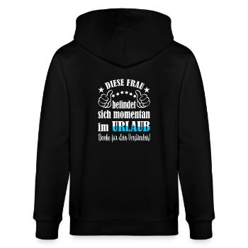 Diese Frau befindet sich im momentan im Urlaub - Stanley/Stella Unisex Bio-Kapuzenjacke CULTIVATOR  - Schwarz - Hinten - Anna (173cm)