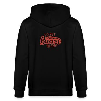 Lustiger Speckspruch Knuspriger Speck Junk Food - Stanley/Stella Unisex Bio-Kapuzenjacke CULTIVATOR  - Schwarz - Hinten - Anna (173cm)