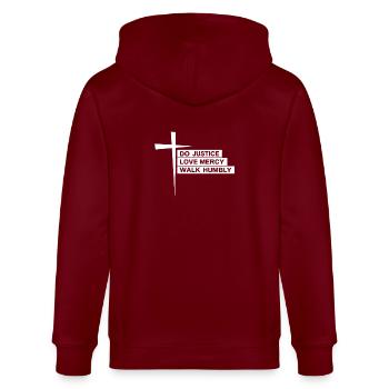 Tue Gerechtigkeit Liebe Barmherzigkeit Wandele demütig Bibel Micha 6,8 - Stanley/Stella Unisex Bio-Kapuzenjacke CULTIVATOR  - Burgunderrot - Hinten - Anna (173cm)