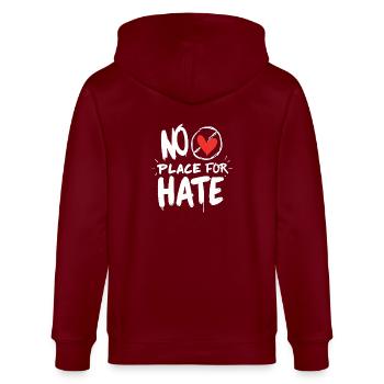 No Place for Hate Friedensbotschaft gegen Hass - Stanley/Stella Unisex Bio-Kapuzenjacke CULTIVATOR  - Burgunderrot - Hinten - Anna (173cm)