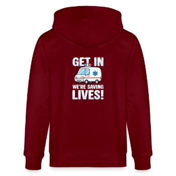 Entrez dans le motif de l’ambulance We Save Lives - Veste à capuche bio CULTIVATOR Stanley/Stella Unisexe - bordeaux - Dos - Anna (173cm)