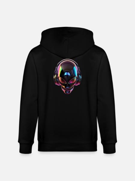 Schwarzer Alien-Kopf mit Kopfhörern - Stanley/Stella Unisex Bio-Kapuzenjacke CULTIVATOR  - Schwarz
