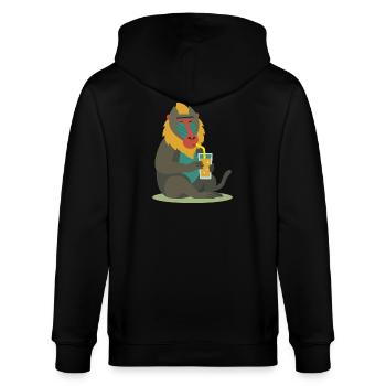 bunter Mandrill genießt entspannt ein Glas Saft - Stanley/Stella Unisex Bio-Kapuzenjacke CULTIVATOR  - Schwarz - Hinten - Anna (173cm)