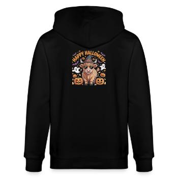  Happy Halloween Süßes Kuh-Motiv mit Kürbissen und - Stanley/Stella Unisex Bio-Kapuzenjacke CULTIVATOR  - Schwarz - Hinten - Anna (173cm)