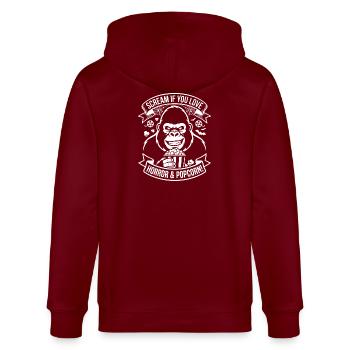 Schrei Gorilla Popcorn Design - Stanley/Stella Unisex Bio-Kapuzenjacke CULTIVATOR  - Burgunderrot - Hinten - Anna (173cm)
