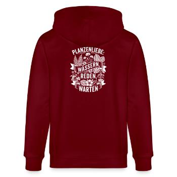 Pflanzenliebe: Wässern, Reden, Warten - Stanley/Stella Unisex Bio-Kapuzenjacke CULTIVATOR  - Burgunderrot - Hinten - Anna (173cm)