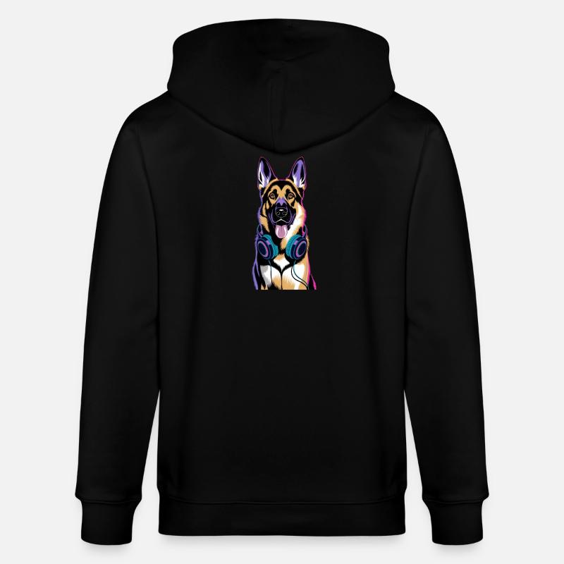 Deutscher Schäferhund mit Kopfhörer - Stanley/Stella Unisex Bio-Kapuzenjacke CULTIVATOR - Schwarz