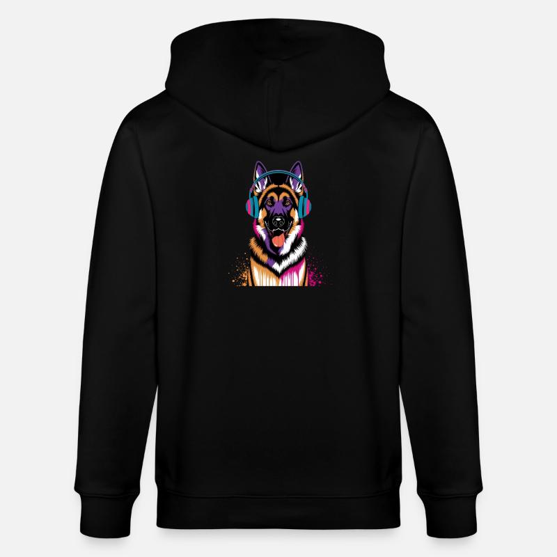 Deutscher Schäferhund mit Kopfhörer - Stanley/Stella Unisex Bio-Kapuzenjacke CULTIVATOR  - Schwarz