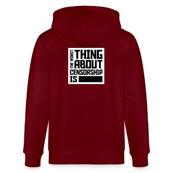 The Worst Thing About Censorship Is Lustig Ironie - Stanley/Stella Unisex Bio-Kapuzenjacke CULTIVATOR  - Burgunderrot - Hinten - Anna (173cm)