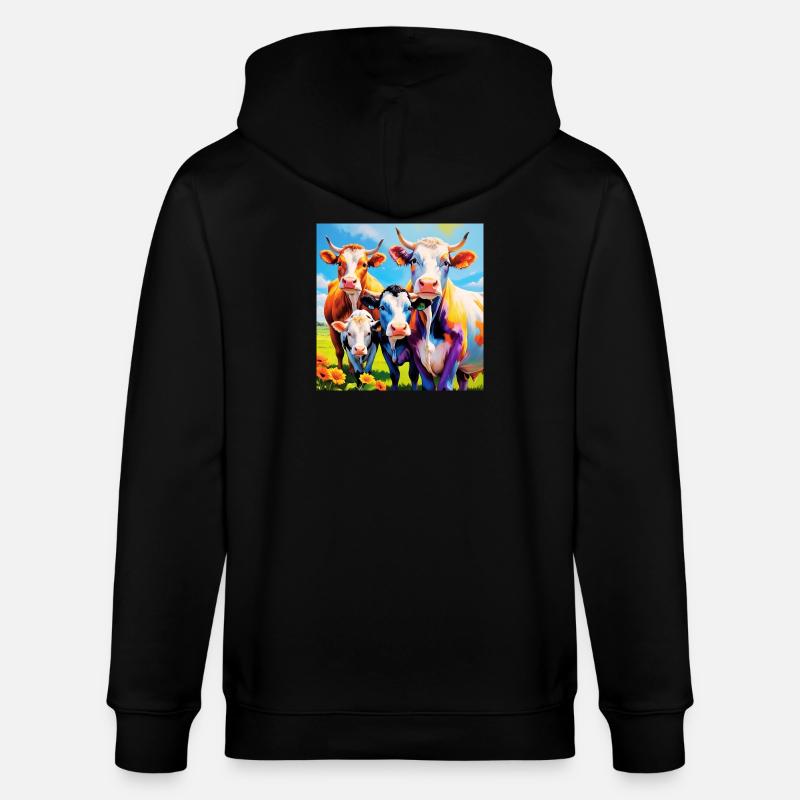 Lebendiges, farbenfrohes Kuhherden-Design - Stanley/Stella Unisex Bio-Kapuzenjacke CULTIVATOR  - Schwarz