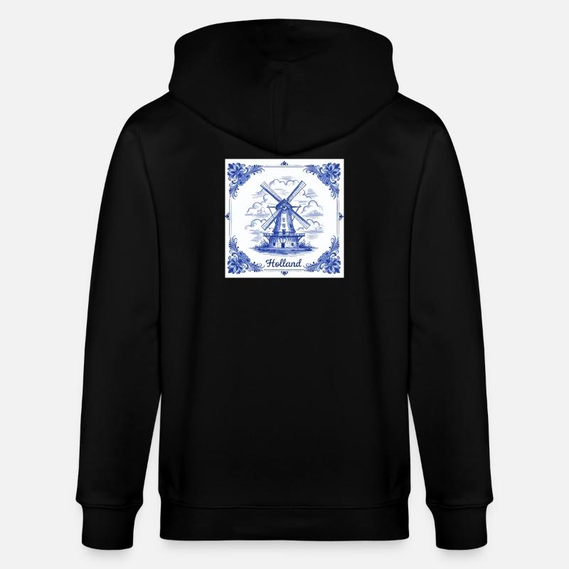 Delfter blauer Windmühlenkachel - Stanley/Stella Unisex Bio-Kapuzenjacke CULTIVATOR  - Schwarz