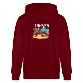 Vue retro de La Croisette de Cannes - Veste à capuche bio CULTIVATOR Stanley/Stella Unisexe - bordeaux - Dos - Anna (173cm)