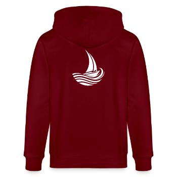 Minimalistisch maritim Segelboot trifft Welle - Stanley/Stella Unisex Bio-Kapuzenjacke CULTIVATOR  - Burgunderrot - Hinten - Anna (173cm)