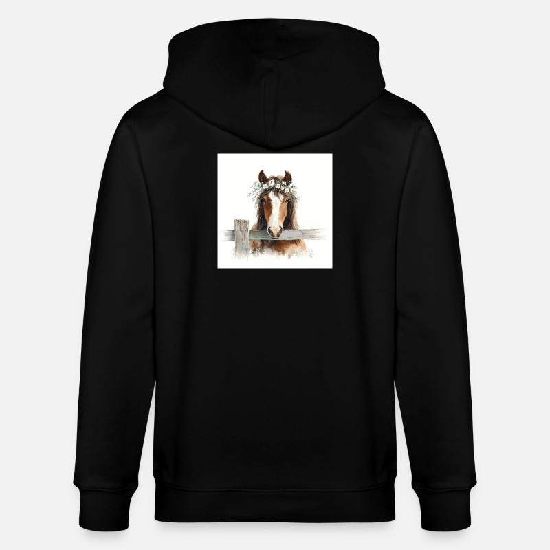Aquarellpferd mit Blumenkrone - Stanley/Stella Unisex Bio-Kapuzenjacke CULTIVATOR  - Schwarz