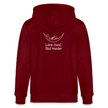 Hart arbeiten, sich ausruhen, härter Hängematte Laptop - Stanley/Stella Unisex Bio-Kapuzenjacke CULTIVATOR  - Burgunderrot - Hinten - Anna (173cm)