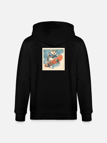 Retro Cat Skateboarder in Flight - Stanley/Stella CULTIVATOR Unisex Organic Hooded Jacket - black