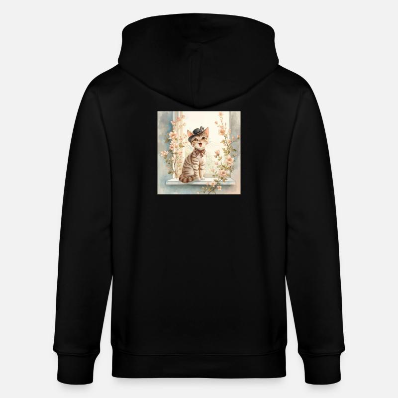 Whimsical Cat on Windowsill - Stanley/Stella CULTIVATOR  Unisex Organic Hooded Jacket - black
