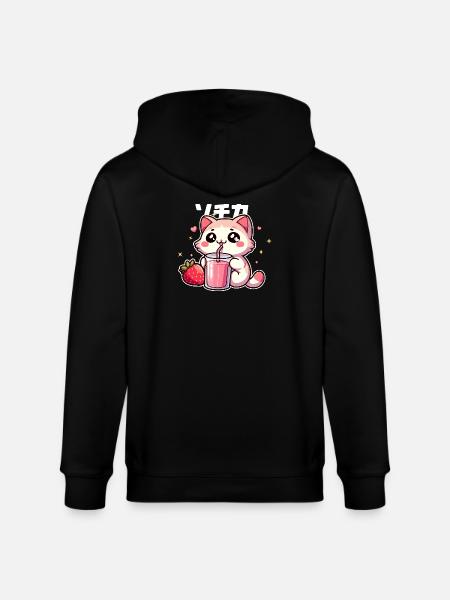 Kawaii kitten drinking strawberry smoothie - Stanley/Stella CULTIVATOR Unisex Organic Hooded Jacket - black