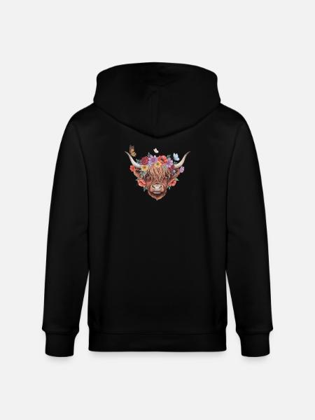 Flower Wreath Highland Cow - Stanley/Stella CULTIVATOR  Unisex Organic Hooded Jacket - black