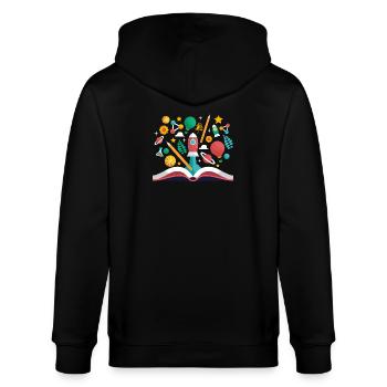 Livre ouvert avec des objets scolaires, apprendre et éduquer - Veste à capuche bio CULTIVATOR Stanley/Stella Unisexe - noir - Dos - Anna (173cm)
