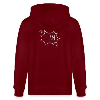 Ich bin: Kraftvolle Comic Sprechblase - Stanley/Stella Unisex Bio-Kapuzenjacke CULTIVATOR  - Burgunderrot - Hinten - Anna (173cm)